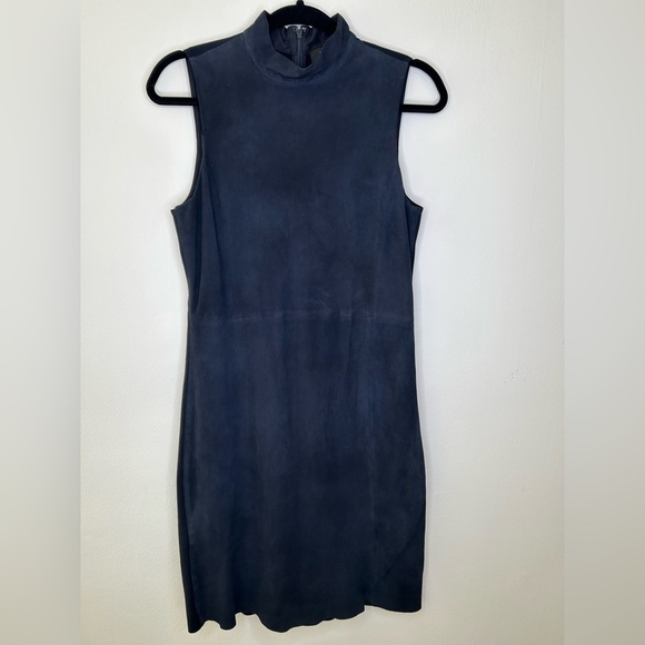 THEORY Eulia Tidle Suede Front Mock Neck Dress In Deep Navy - Picture 4 of 8